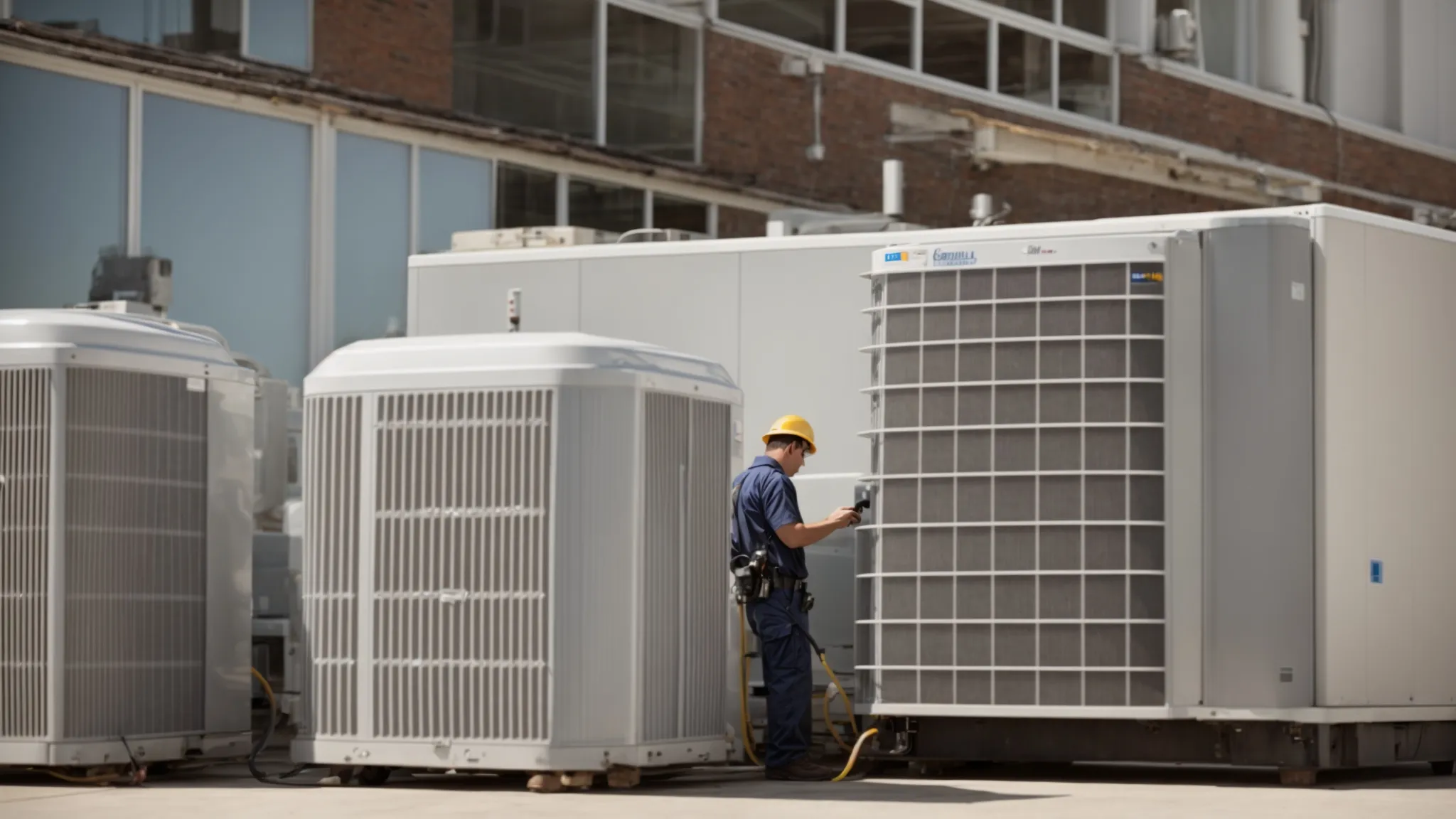 a technician inspects a large air conditioning unit outside a commercial building on a sunny day.