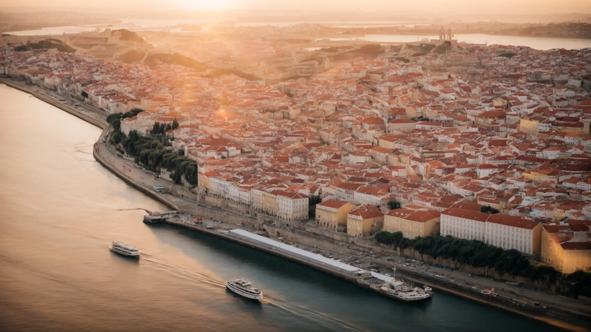 aerial view of lisbon's historical architecture and tagus river at sunset, reflecting portugal's investment allure.