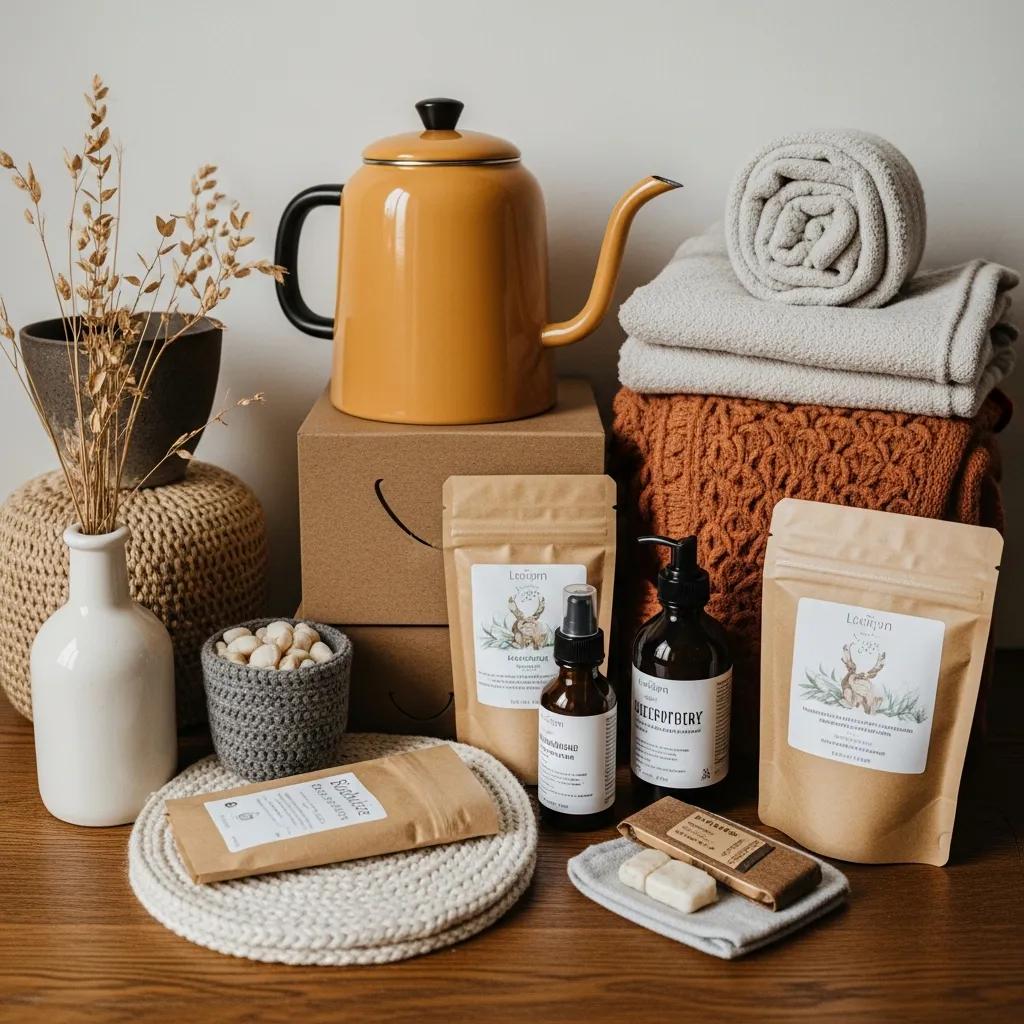 Curated lifestyle products including artisanal home goods and sustainable fashion items arranged in a cozy setting