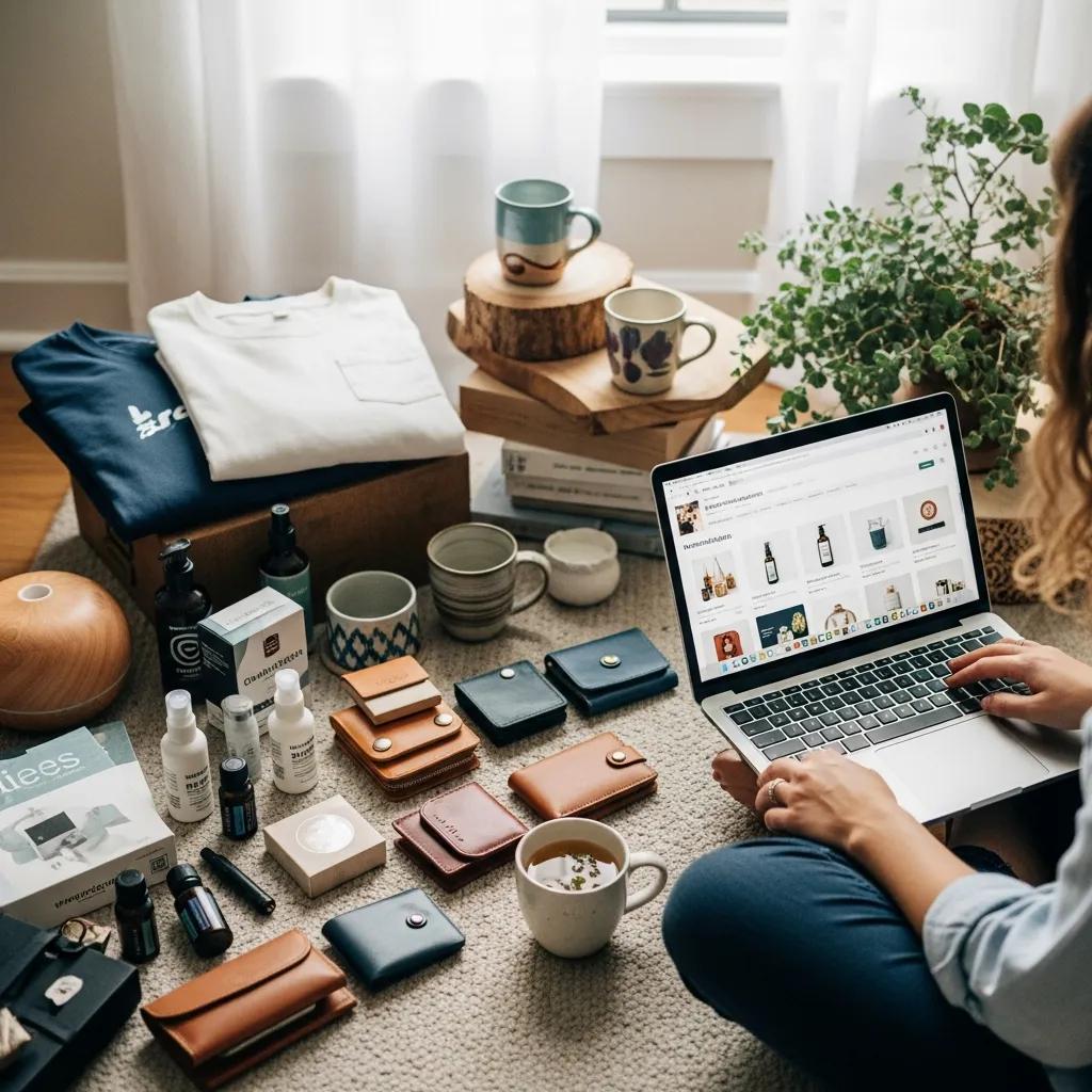 Person browsing curated lifestyle products on a laptop in a cozy, well-lit environment